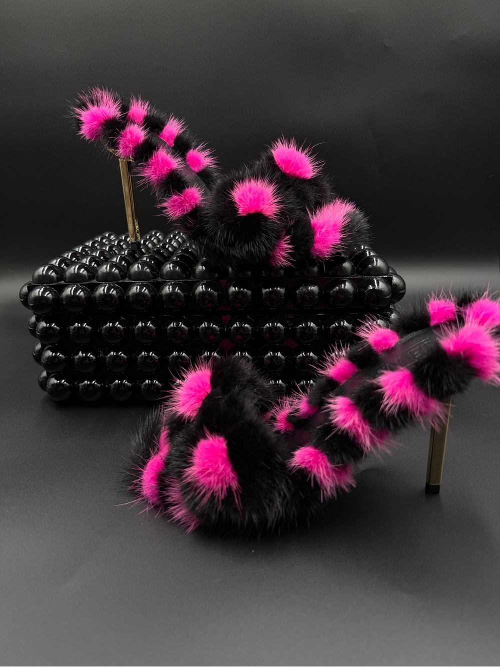Women's Black & Hot Pink Faux Fur High Heel Sandals